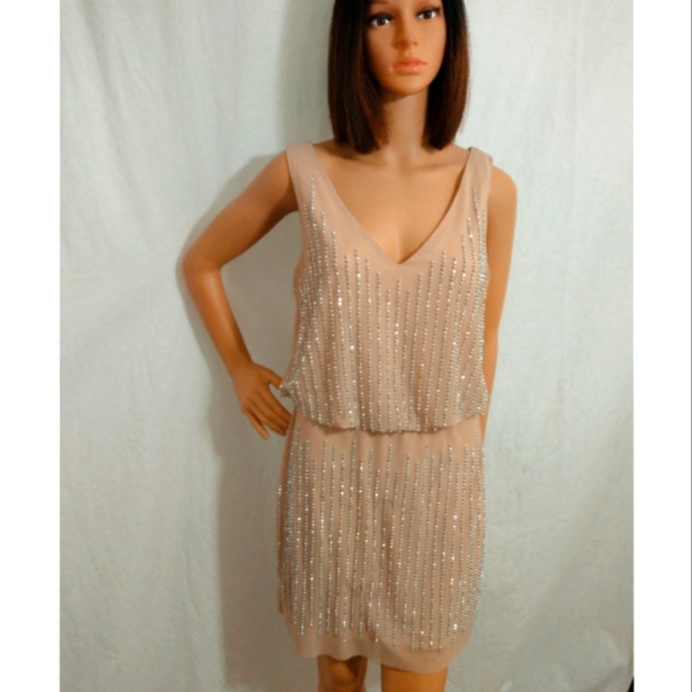 Xscape Beige Sleeveless Dress with Silver Accents